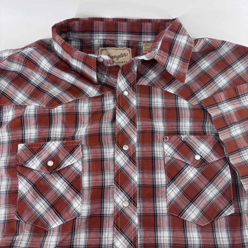 Wrangler Western Shirt‎ Mens 2XL Burgundy Plaid Pearl Snap Short Sleeve Cowboy